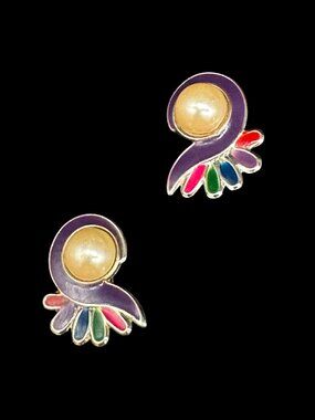 Vintage Silver Tone Earrings Clip-on Multicolour Cream Faux Pearl